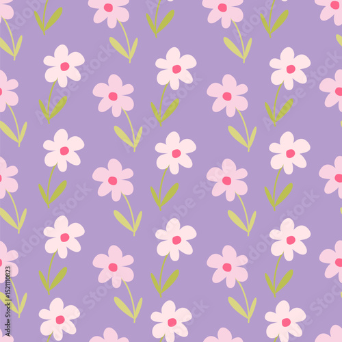 Cute lovely hand drawn pink daisy flowers seamless vector pattern illustration on purple background	