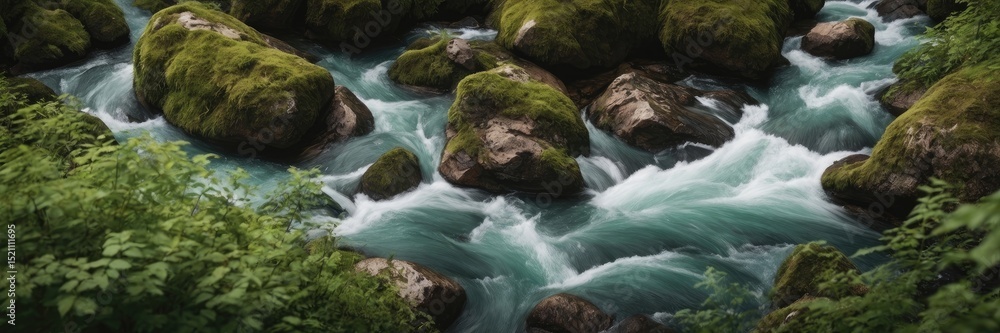 Fototapeta premium River Scene Lush Greenery and Cascading Water