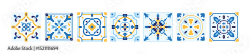 Ceramic tiles set. Majolica prints in light blue and yellow colors. Mediterranean decor, kitchen, floor designs. Isolated vector illustration. Geometric pattern. Patchwork background.
