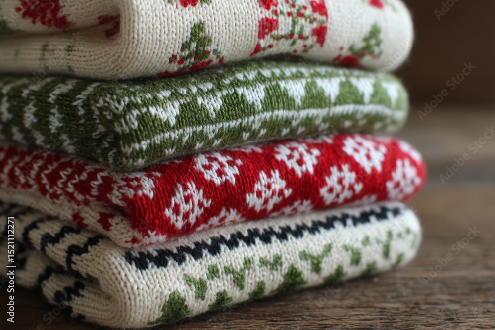Cozy knitted socks stacked on wooden table in warm colors, perfect for winter and festive occasions Cozy knitted socks stacked on wooden table in warm colors, perfect for winter and festive occasions