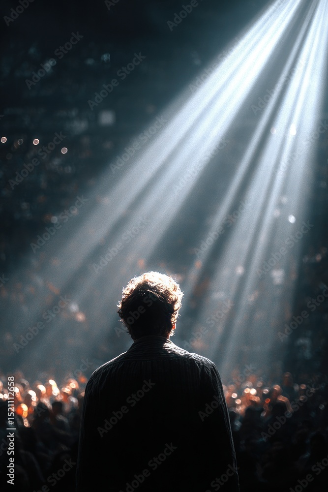 Man Silhouetted in Spotlight Facing Large Crowd Audience Man Silhouetted in Spotlight Facing Large Crowd Audience