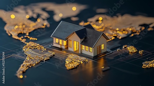 Global Real Estate Illuminated House Model on a World Map Circuit Board