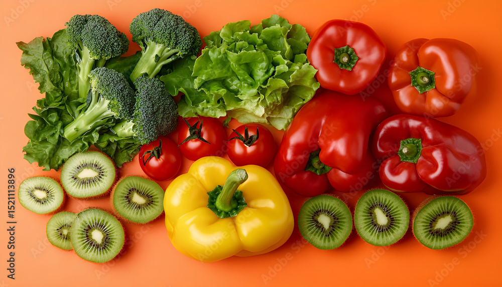 Colorful of fresh vegetables and fruits arranged on a bright yellow background, perfect for healthy eating and organic produce concepts Colorful of fresh vegetables and fruits arranged on a bright yellow background, perfect for healthy eating and organic produce concepts