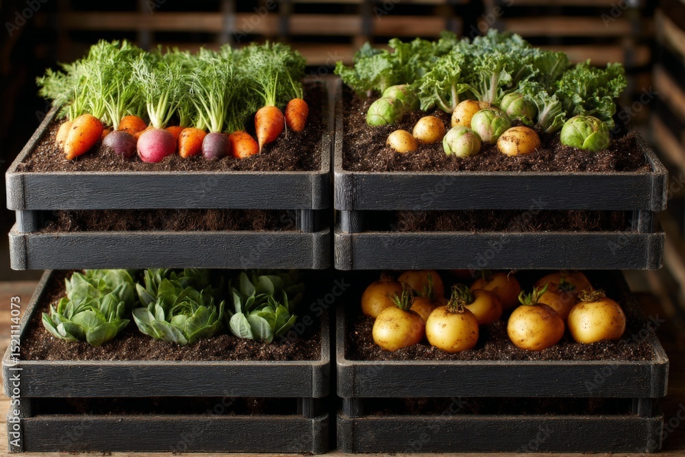 Freshly harvested vegetables arranged in wooden crates in a cozy indoor garden setting Freshly harvested vegetables arranged in wooden crates in a cozy indoor garden setting