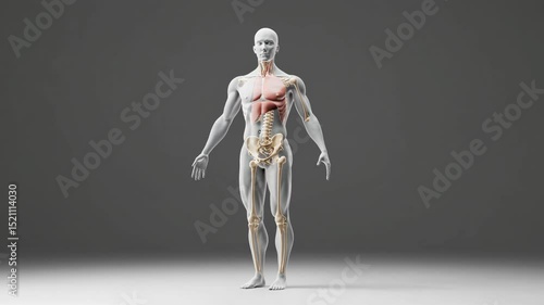 Realistic anatomical model of a human body showing the respiratory system, highlighting the lungs and rib cage expanding and contracting during inhalation and exhalation