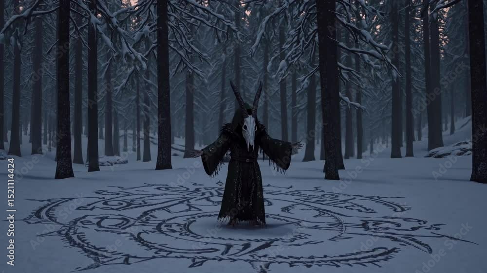Mysterious occultist wearing a goat skull mask and dark robe performs a ...