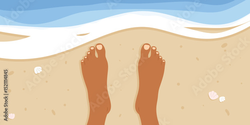 Bare feet on the beach with sand and waves. Summer vacation concept. Vector illustration