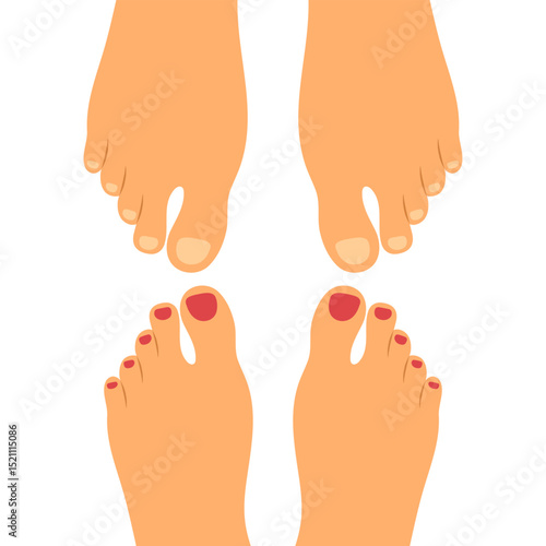 Barefoot feet sole top view. Male feet opposite female feet. Vector illustration