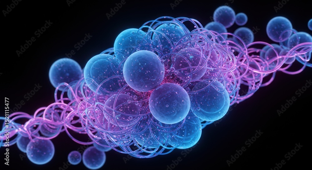 Obraz premium Abstract representation of interconnected glowing spheres and waves, depicting energy and motion in a dark background