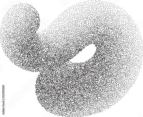 Abstract line shape. 3D wavy element with noisy fluid effect. Grainy spiral with gradient stipple sand texture. Trendy twisted dynamic grunge object.