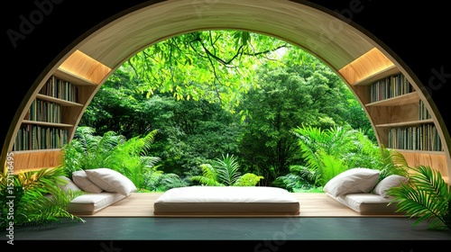 Fototapeta Naklejka Na Ścianę i Meble -  Archway library featuring a comfortable daybed and jungle view