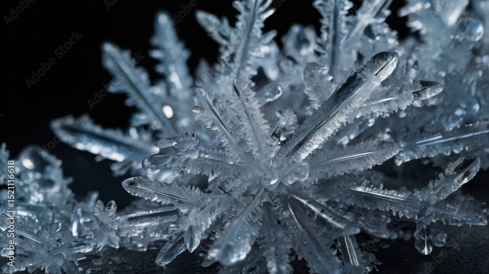 Macro close up view of frost crystals on dark glass Macro close up view of frost crystals on dark glass