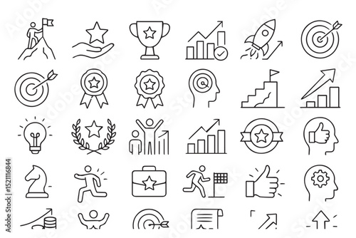 Success icons set, goal achievement, growth, progress, trophy, award, business strategy, target, teamwork, icons set