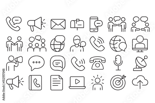 Collection of communication and technology icons with phone, email, social media, and messaging, illustrating modern interaction methods icons set