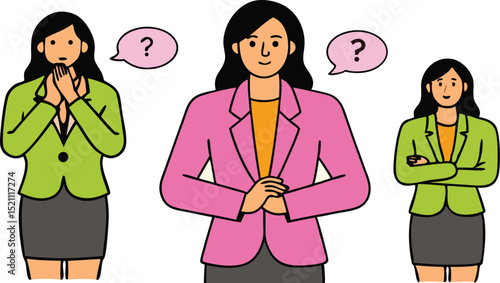 Three Businesswomen in Pink Jackets Showing Respectful Gestures