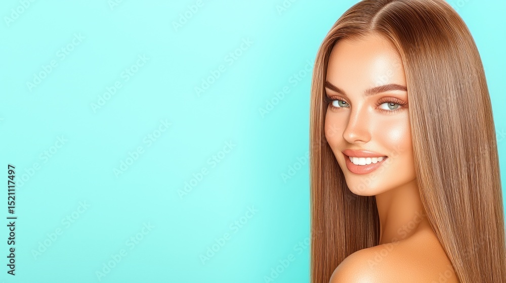 Naklejka premium Beautiful woman with long straight hair smiles against light blue background