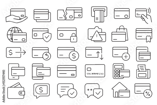 Collection of financial icons, including credit cards, transactions, shopping, secure payments, and money management for banking and business, icons set