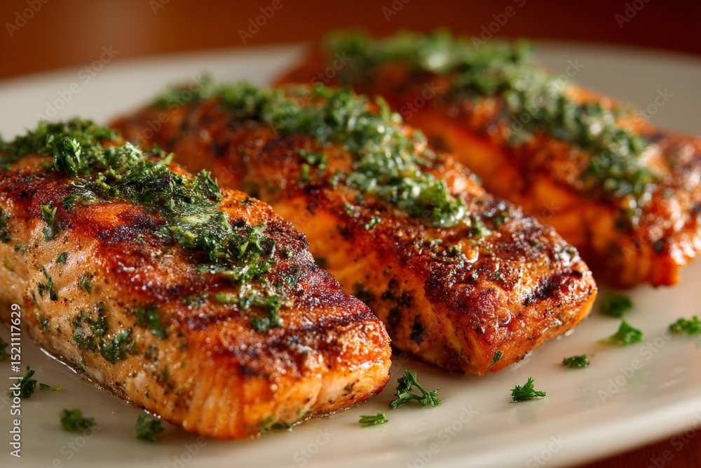 Grilled salmon fillets garnished with herbs served on a white plate in a cozy restaurant setting Grilled salmon fillets garnished with herbs served on a white plate in a cozy restaurant setting