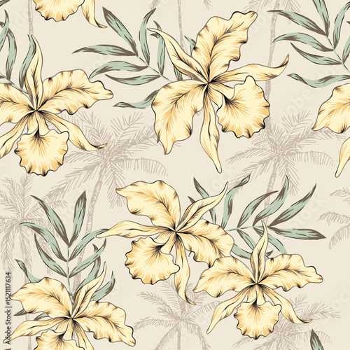 Tropical orchid flowers, leaves, palm trees silhouettes, beige background. Vector seamless pattern. Floral illustration. Exotic plants. Summer beach design. Paradise nature