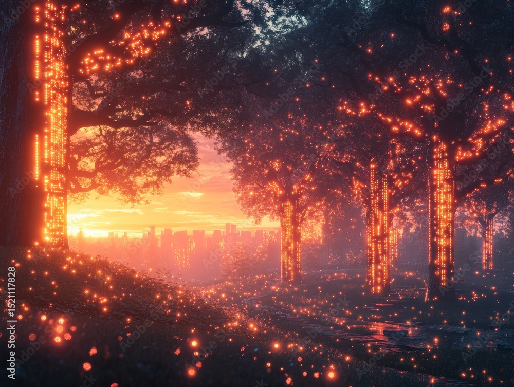 Naklejka premium A Dreamy Twilight: Cityscape Glimpsed Through Luminous Trees, a Magical Fusion of Urban and Natural Beauty, Drenched in Warm Golden Light and Sparkling Dewdrops.