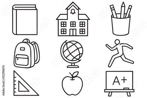 Educational and academic tools school icons like book, globe, backpack, runner, apple, and A+ grade icons set