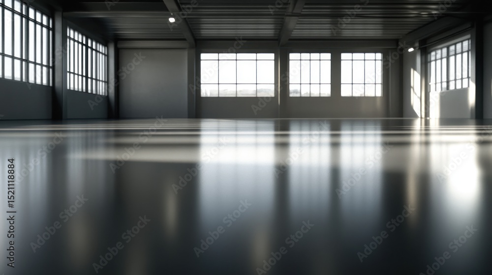Empty Industrial Space with Reflective Floor and Large Windows Empty Industrial Space with Reflective Floor and Large Windows