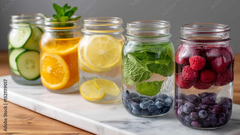 A refreshing set of glass bottles and mason jars filled with fruit-infused water—cucumber-lemon, orange-mint, and blueberry-lime—arranged on a clean white marble or wooden surface. A refreshing set of glass bottles and mason jars filled with fruit-infused water—cucumber-lemon, orange-mint, and blueberry-lime—arranged on a clean white marble or wooden surface.