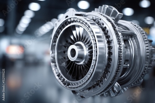 High-quality jet engine turbine component displayed in an industrial workshop setting with blurred background