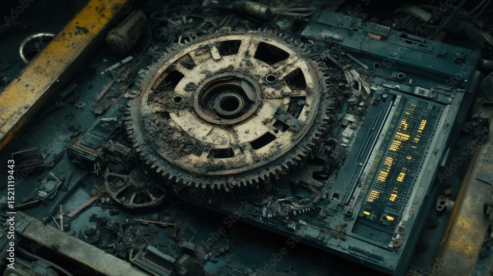Fototapeta premium Rusty mechanical gear on a dirty surface, surrounded by debris, hinting at industrial decay