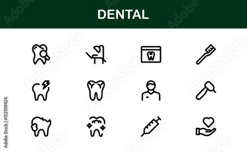 Dental Care Icon Set in Vector Style Featuring Teeth, Toothbrush, Dentist Tools, and Oral Hygiene Symbols for Medical and Health Projects