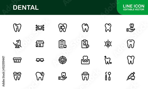 Dental Care Icon Set in Vector Style Featuring Teeth, Toothbrush, Dentist Tools, and Oral Hygiene Symbols for Medical and Health Projects