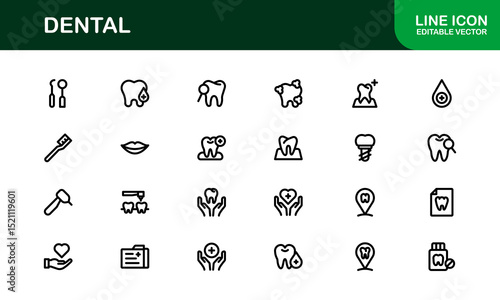 Dental Care Icon Set in Vector Style Featuring Teeth, Toothbrush, Dentist Tools, and Oral Hygiene Symbols for Medical and Health Projects