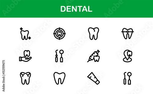 Dental Care Icon Set in Vector Style Featuring Teeth, Toothbrush, Dentist Tools, and Oral Hygiene Symbols for Medical and Health Projects