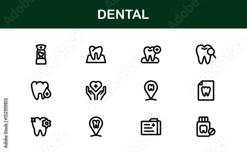 Dental Care Icon Set in Vector Style Featuring Teeth, Toothbrush, Dentist Tools, and Oral Hygiene Symbols for Medical and Health Projects