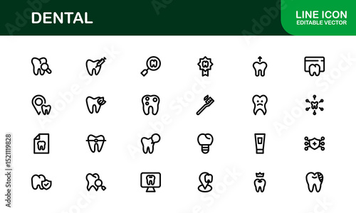 Dental Care Icon Set in Vector Style Featuring Teeth, Toothbrush, Dentist Tools, and Oral Hygiene Symbols for Medical and Health Projects