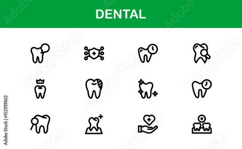Dental Care Icon Set in Vector Style Featuring Teeth, Toothbrush, Dentist Tools, and Oral Hygiene Symbols for Medical and Health Projects