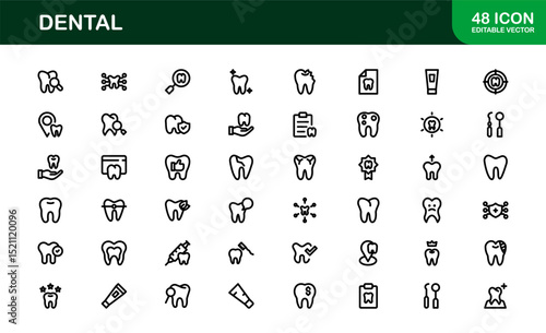 Dental Care Icon Set in Vector Style Featuring Teeth, Toothbrush, Dentist Tools, and Oral Hygiene Symbols for Medical and Health Projects