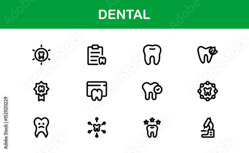 Dental Care Icon Set in Vector Style Featuring Teeth, Toothbrush, Dentist Tools, and Oral Hygiene Symbols for Medical and Health Projects