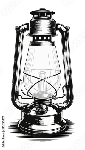Black and white hand-drawn drawing of a kerosene lamp on a white insulated background. Vector graphics. EPS.