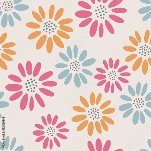Colorful daisy flower pattern in pink orange blue tones on cream background seamless pattern for fabric, textiles, clothing, wallpaper, cover, banner, home decor, florals backgrounds