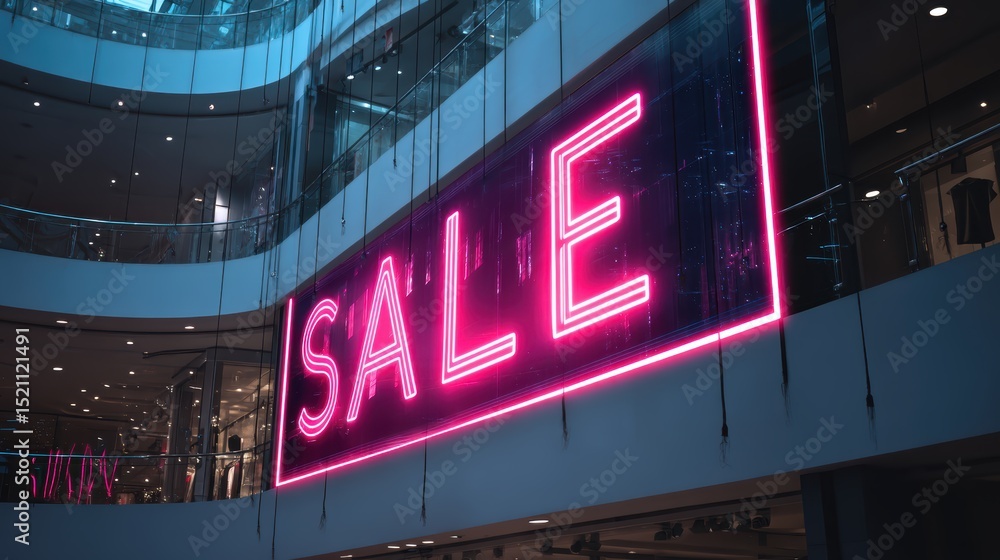 Fototapeta premium artistic professional photo of big sale poster mockup in shopping mall, glowing lights, perfect lighting, realistic and cinematic style