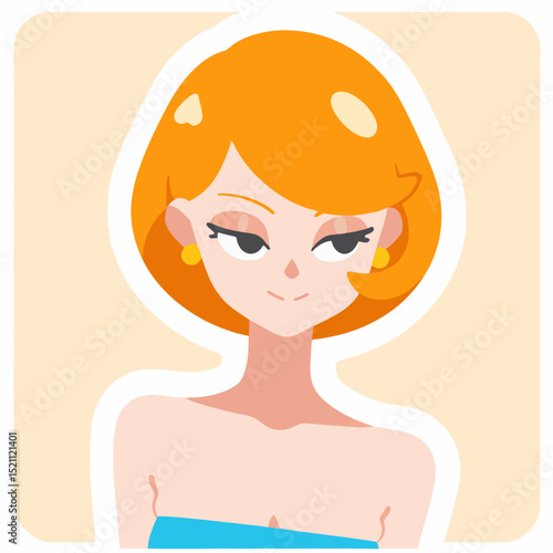 Illustration of a Stylish Young Woman Wearing Earrings and Blue Top