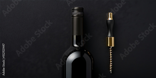 Black Wine Bottle with Screw Cap Beside Corkscrew on Dark Textured Background

