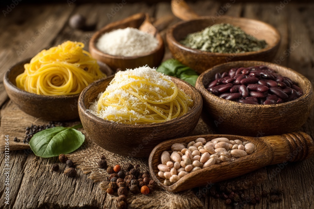 Pasta and beans arranged in rustic bowls on a wooden table featuring a variety of ingredients for a hearty meal Pasta and beans arranged in rustic bowls on a wooden table featuring a variety of ingredients for a hearty meal