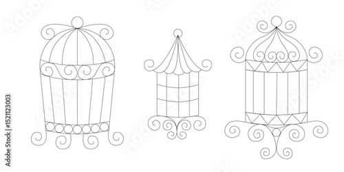 Bird cages collection in hand drawn line art doodle style vector set of simple metal cages for birds home decor pet housing minimal sketch vintage look