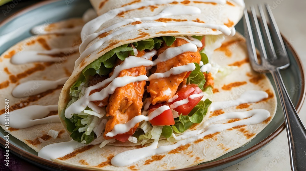Griddled Buffalo Chicken Wrap with Cheddar, Lettuce, and Ranch Dressing Griddled Buffalo Chicken Wrap with Cheddar, Lettuce, and Ranch Dressing
