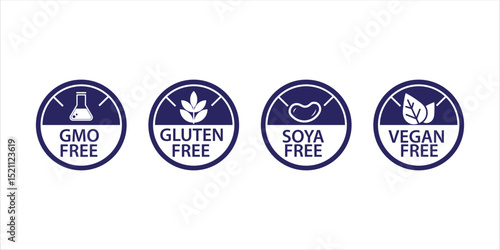 Vegan, Non-GMO, Gluten free, soy free icons set