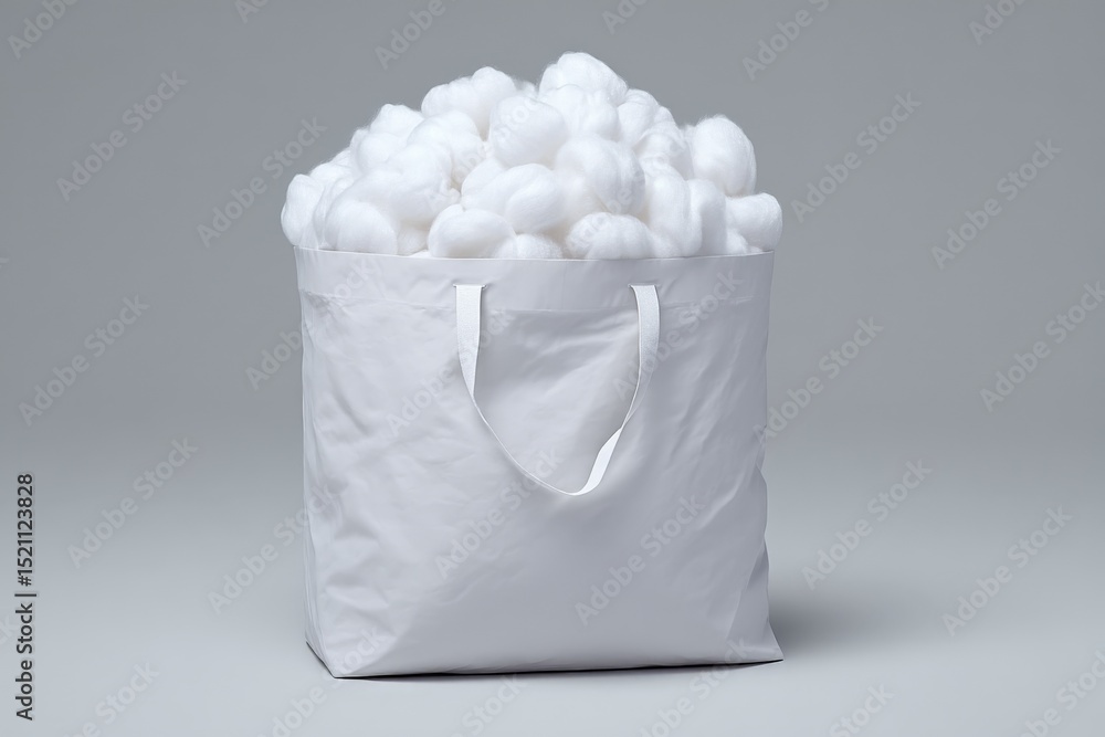 Large white bag filled with cotton balls on a neutral background ready for crafts and projects Large white bag filled with cotton balls on a neutral background ready for crafts and projects