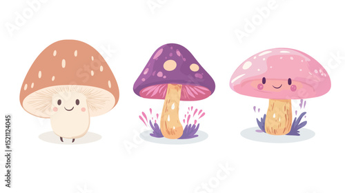 Cute cartoony mushroom vector illustration featuring bright colors, smiling face, and simple shapes, perfect for children’s books, stickers, icons, and playful graphic design projects 