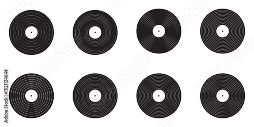 Music records and turntable icon pack Vinyl LP discs in retro style DJ setup for 70s 80s 90s club scene Vector illustration on white background